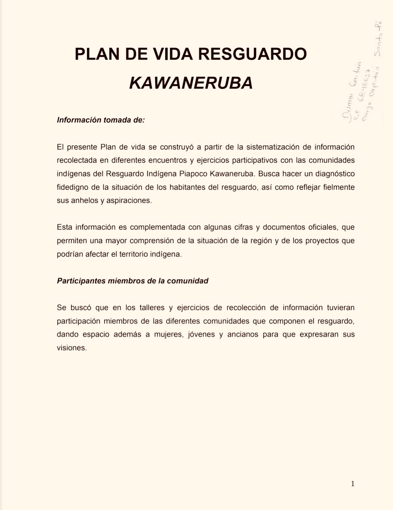 Cover page of the Plan de Vida for Resguardo Kawaneruba, Piapoco indigenous territory, Vichada, Colombia