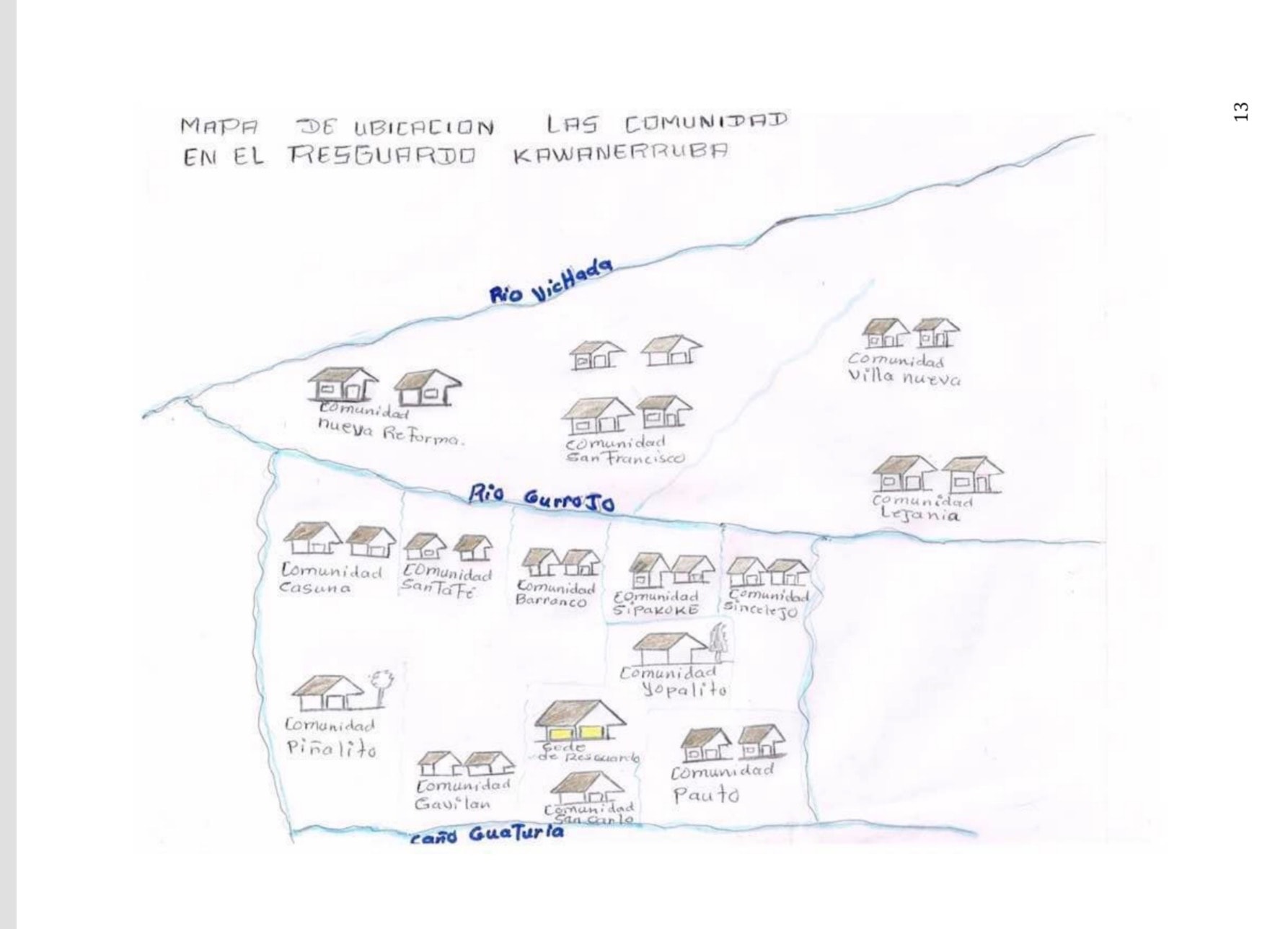 Official location map of Resguardo Kawaneruba in Vichada, Colombia, with red arrow indicating its position among other indigenous territories